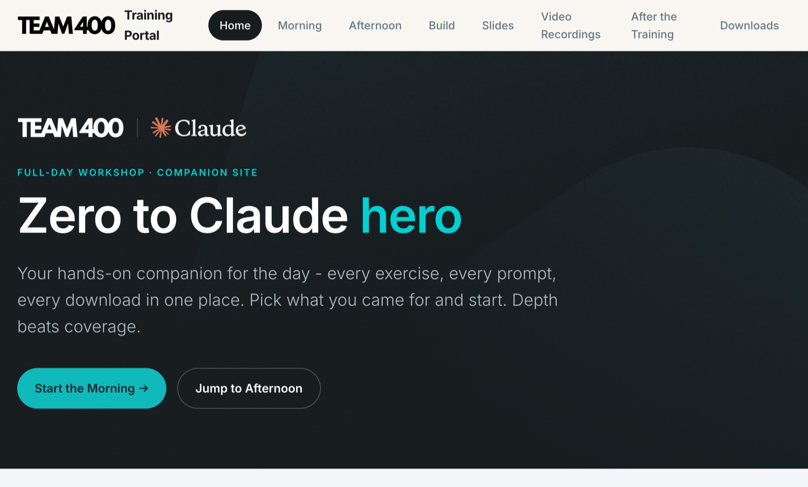 Team 400 Training Portal home page: Zero to Claude hero