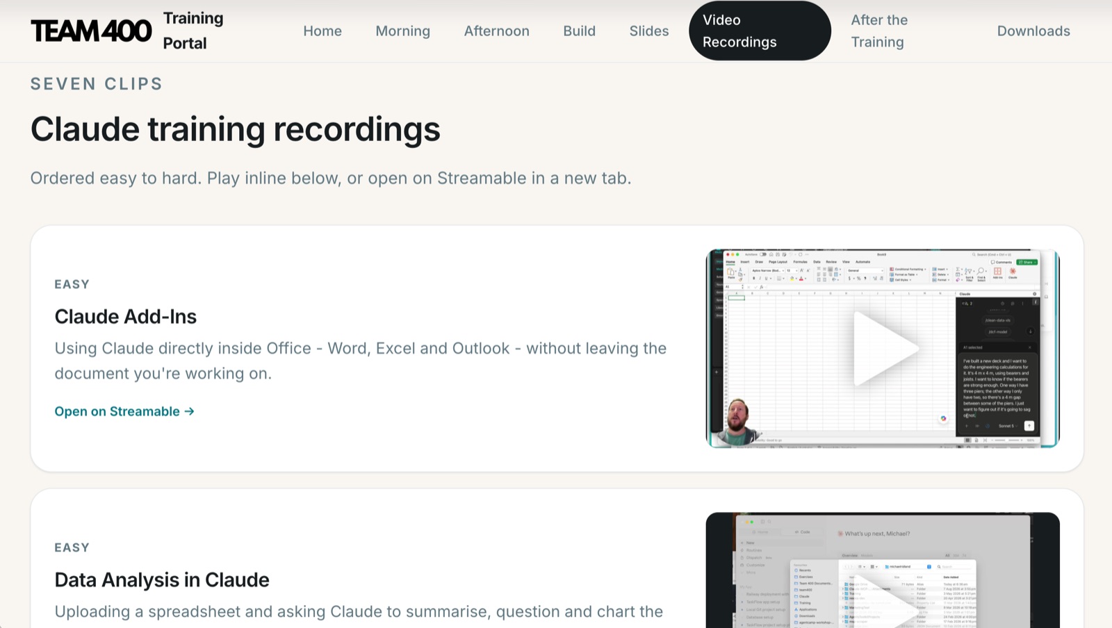 Claude training video recordings in the Team 400 Training Portal